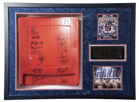New York Giants Stadium Seatback Shadowbox Collage with (17) Signatures Including Michael Strahan, Lawrence Taylor and Eli Manning (Steiner)  